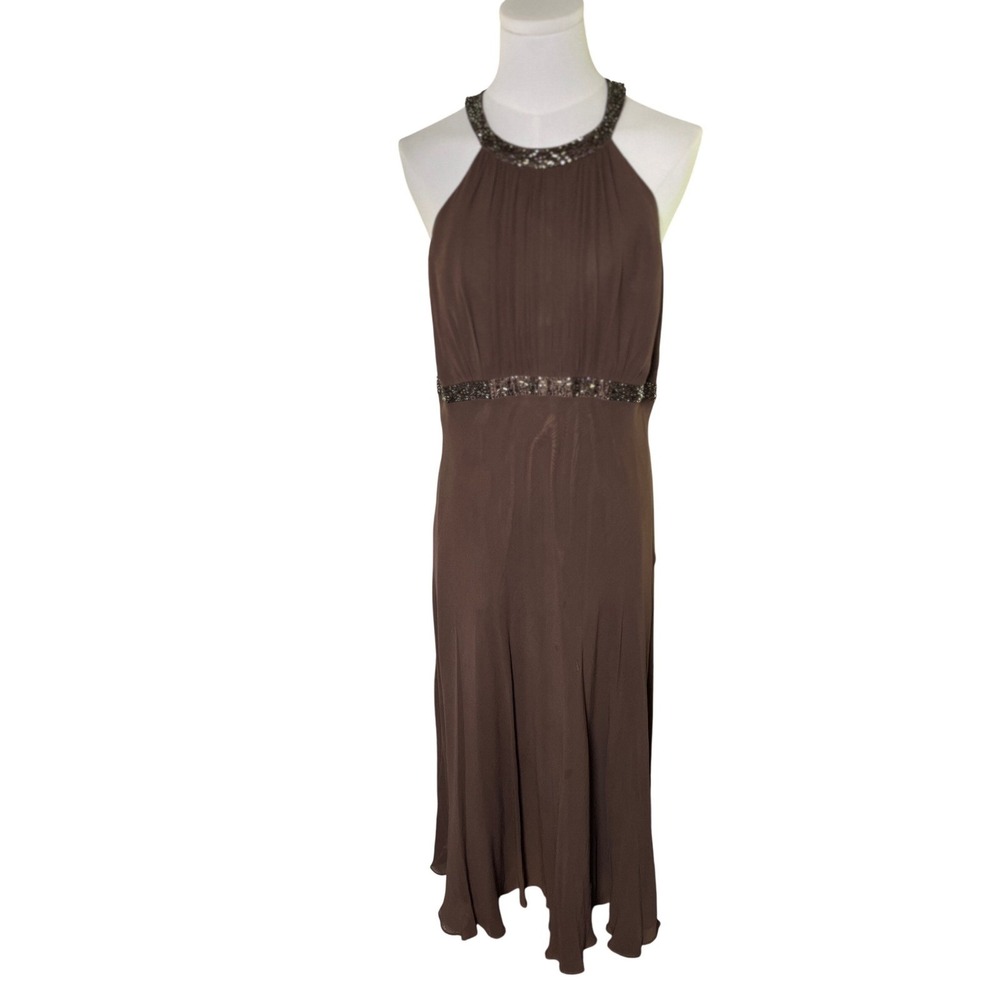 Glam Beaded Halter Maxi Gown Silk‎ Brown Formal Evening Jones New York 14
